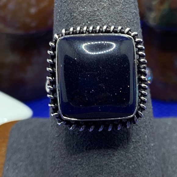 Sparkling Blue Goldstone Ring! .925 Sterling Silver Plated, Size 8.5 - Picture 5 of 15